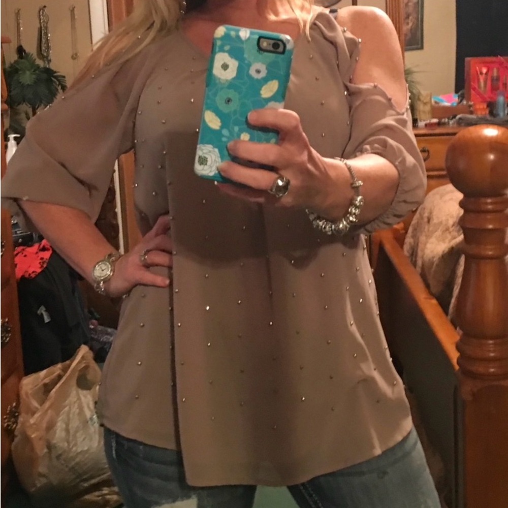 BKE sheer cold shoulder top with gold beading